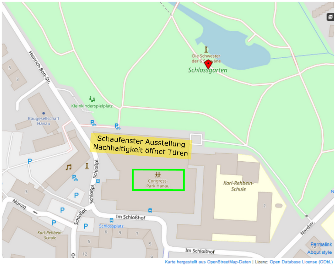 OSM-Kartenausschnitt - Schlossgarten Hanau, Standort der Schaufensterausstellung