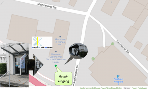 Lageplan: Steinheimer Str.1 in Hanau, OpenStreetMap Karte mit Foto- und Hinweiselementen angereichert.